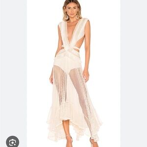 PatBO Fringe and Mesh Cutout Maxi Dress in Wheat size small